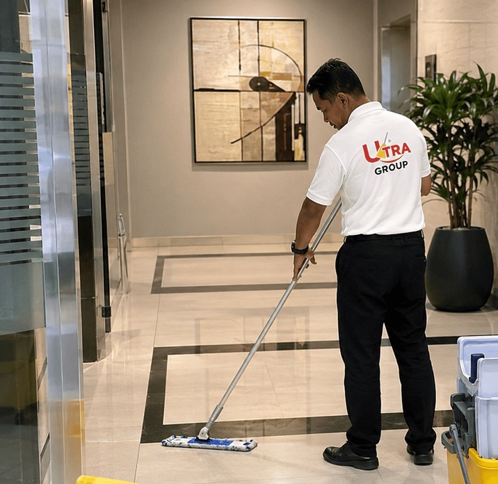 Uniformed Maint Clean staff on a daily contract clean in a commercial lobby