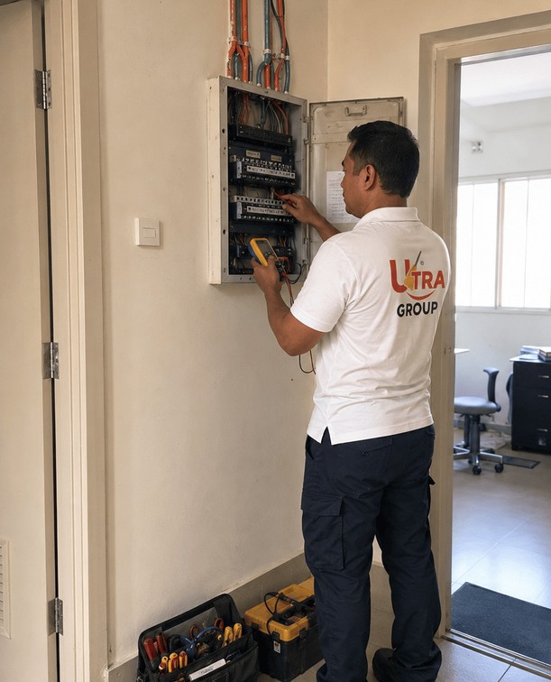 Handy Care electrician wiring a DB distribution board