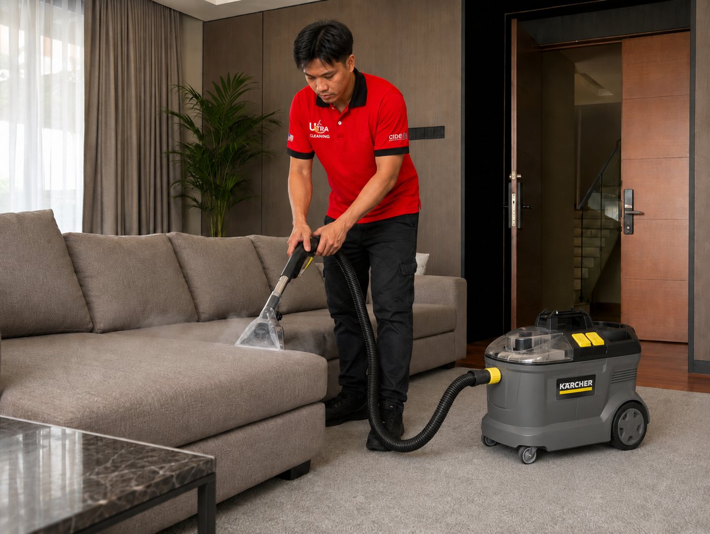 Fabric sofa deep cleaning with extraction tool
