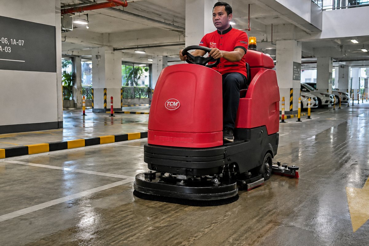 Ride-on scrubber machine cleaning a multi-storey car park floor