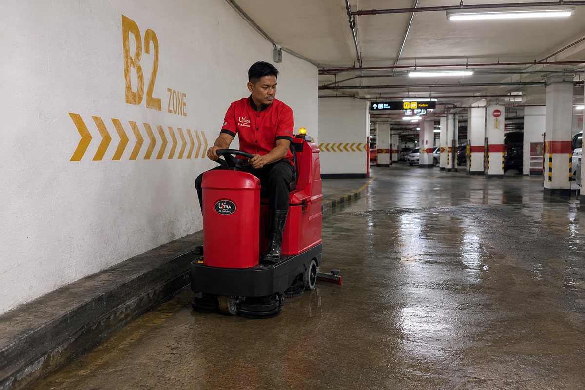 Maint Clean operator running a ride-on floor scrubber through a basement car park