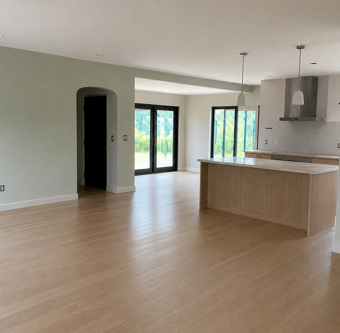 Open-plan living room after professional post-renovation cleaning