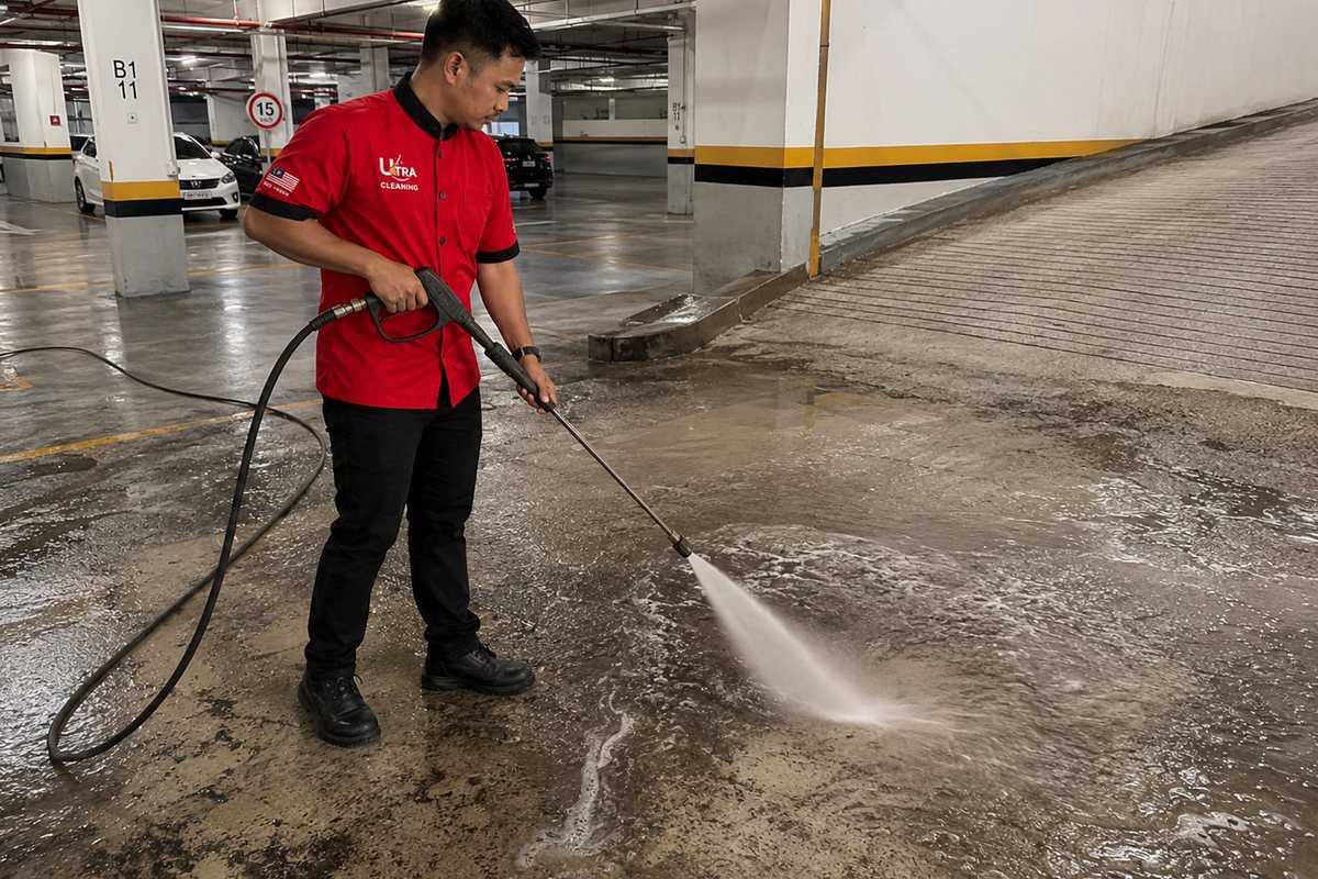 Pro Clean technician pressure washing a basement car park floor with a high-pressure jet