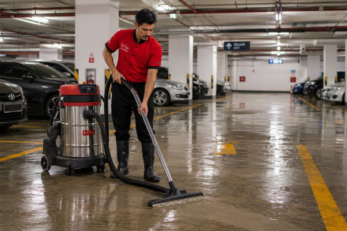 Technician using an industrial wet and dry vacuum on a car park floor